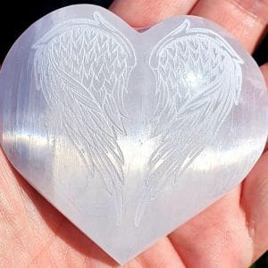 Selenite Heart with Etched Angel Wings