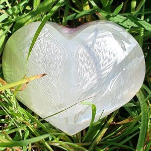 Selenite Heart with Etched Angel Wings