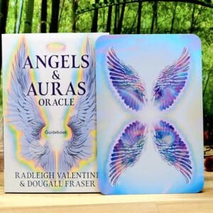 Angels and Auras Oracle Cards by Radleigh Valentine and Dougall Fraser - Guidebook and back of cards