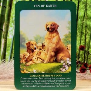 Animal Guides Tarot Cards by Radleigh Valentine - Ten of Earth - Golden Retriever Dog