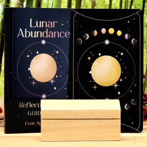 Lunar Abundance Reflection Cards by Ezzie Spencer PhD - Guidebook back of cards and wooden stand